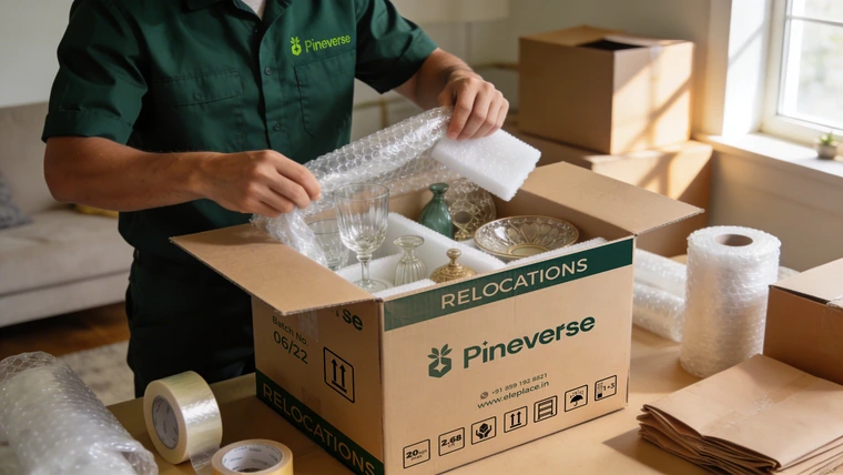 A Pineverse crew unpacking labelled cartons at a customer's new home
