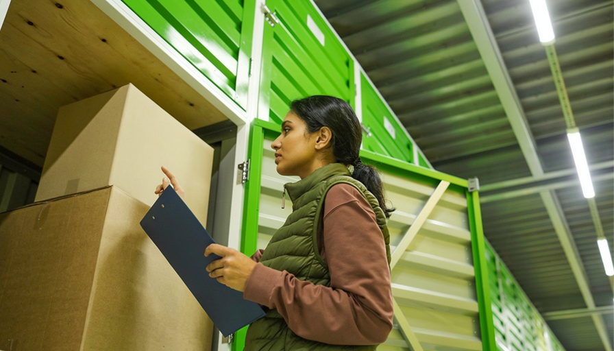 A woman checking her Pineverse storage inventory on her phone beside a stack of packed boxes